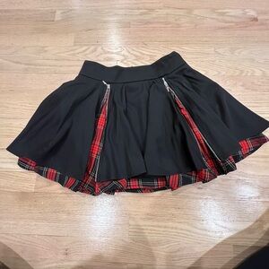Vintage Punk Rave Chic Black Skirt with Red Plaid Detail